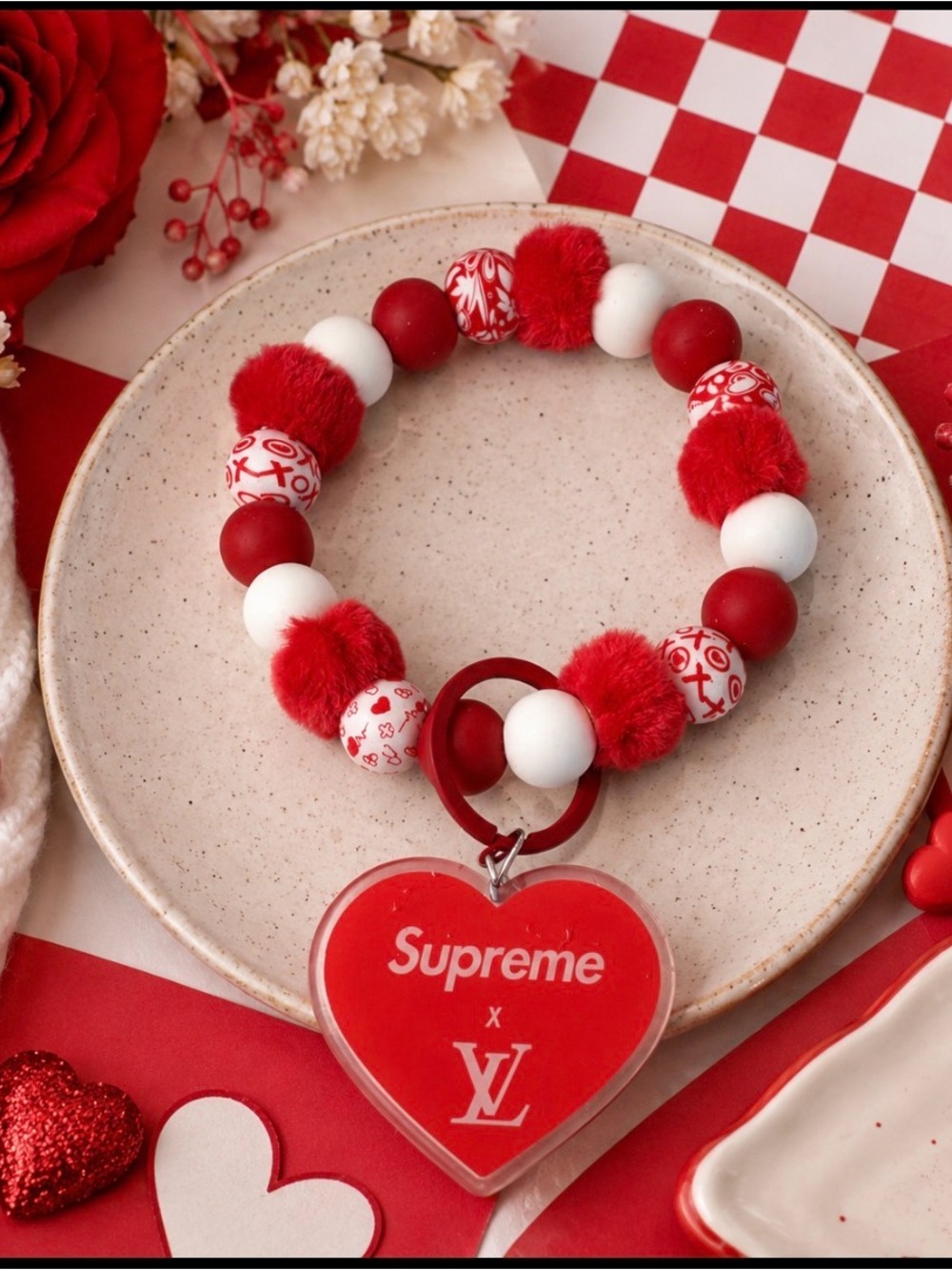 Hand Crafted Red & White Beaded inspired Heart Wristlet Keychain
